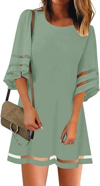 LookbookStore Women Casual Crewneck Mesh Panel 3/4 Bell Sleeve Loose Tunic Dress