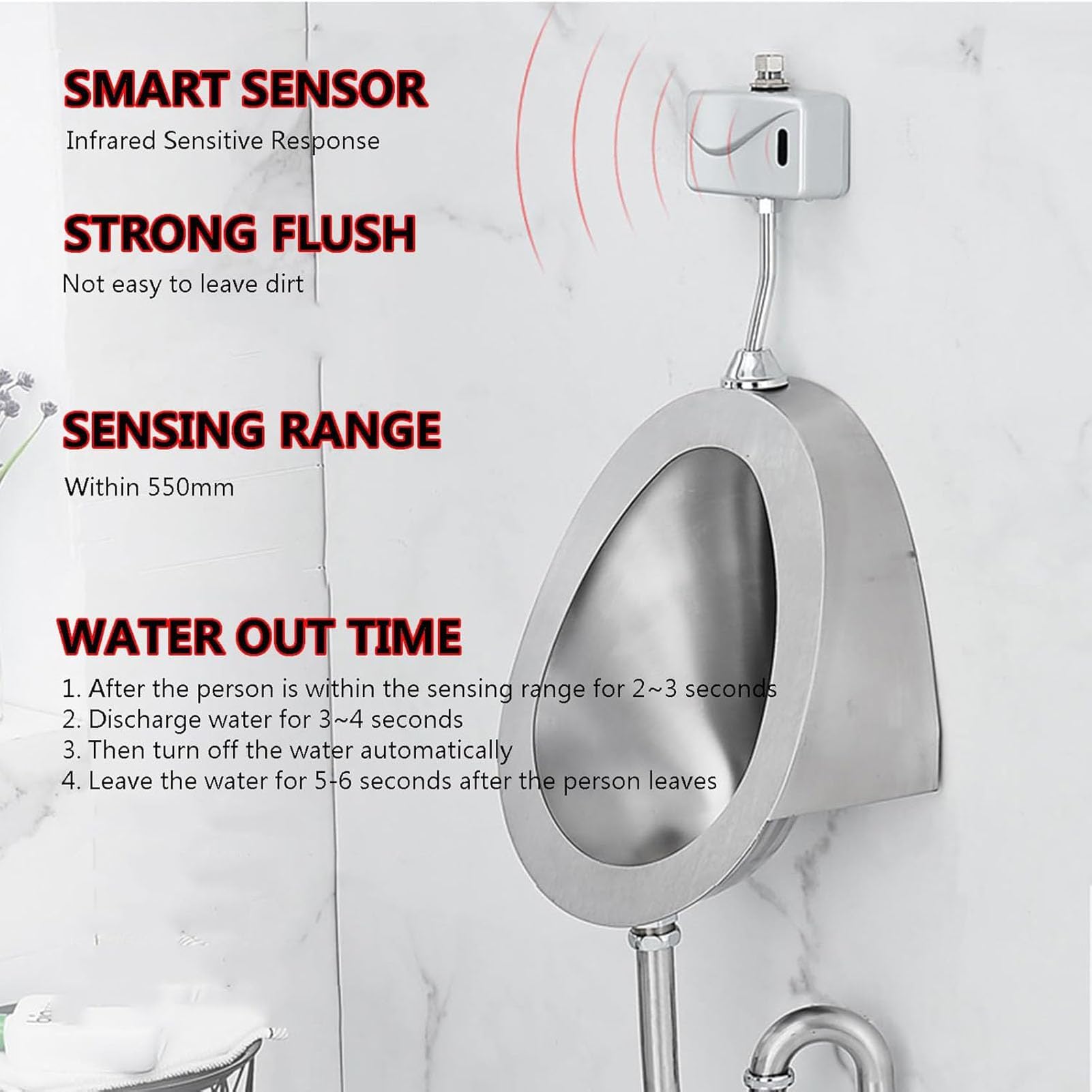 Orinal manual de acero inoxidable con válvula de descarga para baños públicos y uso comercial