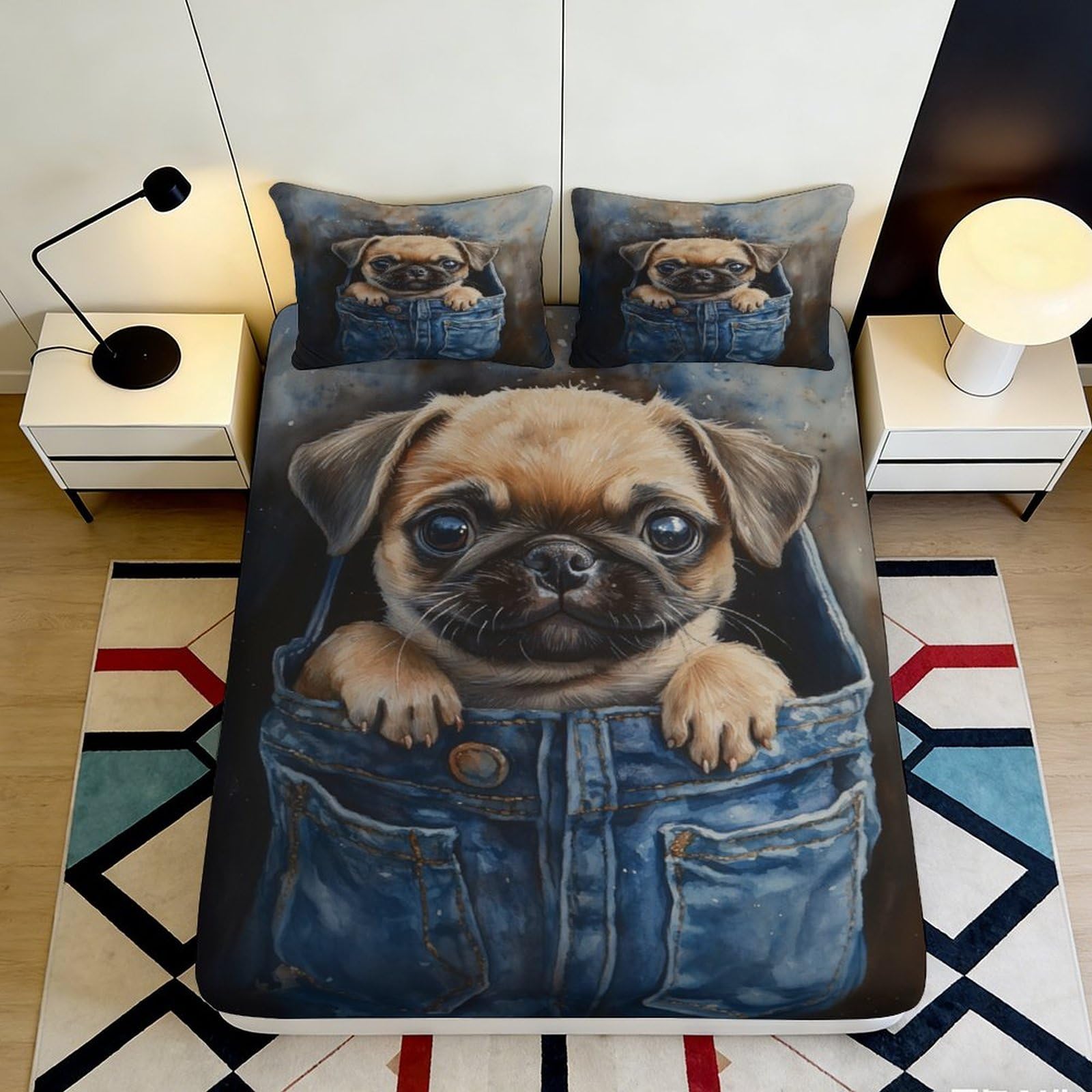 3D Printed Denim Dog Fitted Sheet Microfiber Deep Pocket Adult Bedroom Denim Dog Mattress Fitted Cover Washable 140x200x25cm