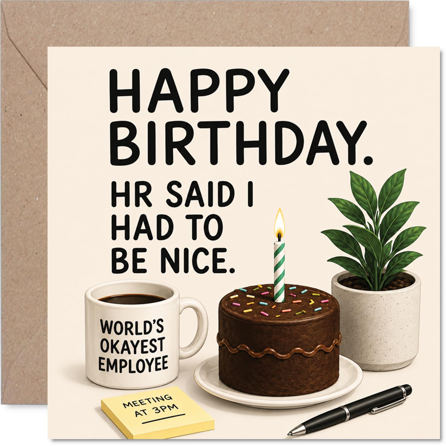 Cheeky Birthday Card - Office Banter in a Card - Humorous Desk Scene with Cake, Coffee Mug and Playful Birthday Notes - 145mm Square, Envelope Included