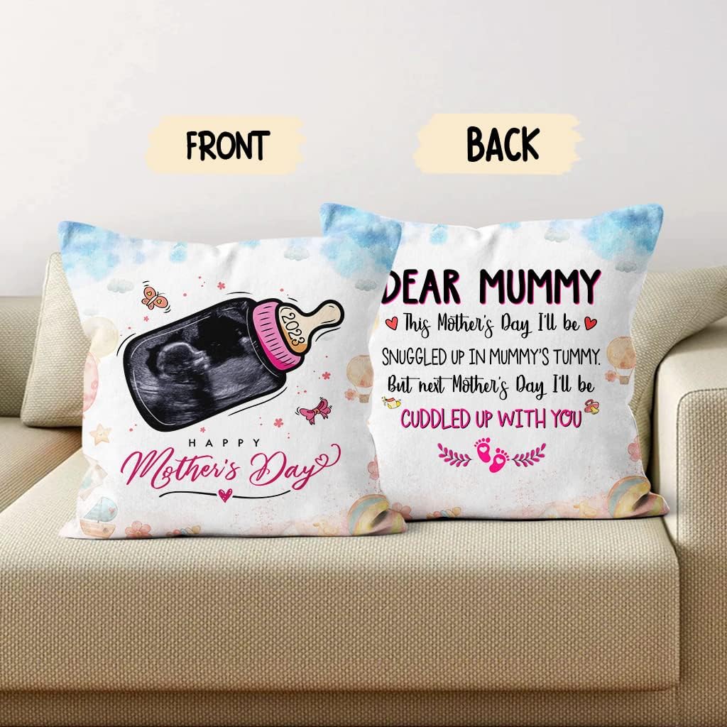 Personalized Square Pillow for Mommy from Baby Bump Pregnancy Gifts This Mother's Day I Will Be Snuggled Baby Ultrasound Baby Bottle Custom Name & Photo Double Sided Cushion On Mothers Day