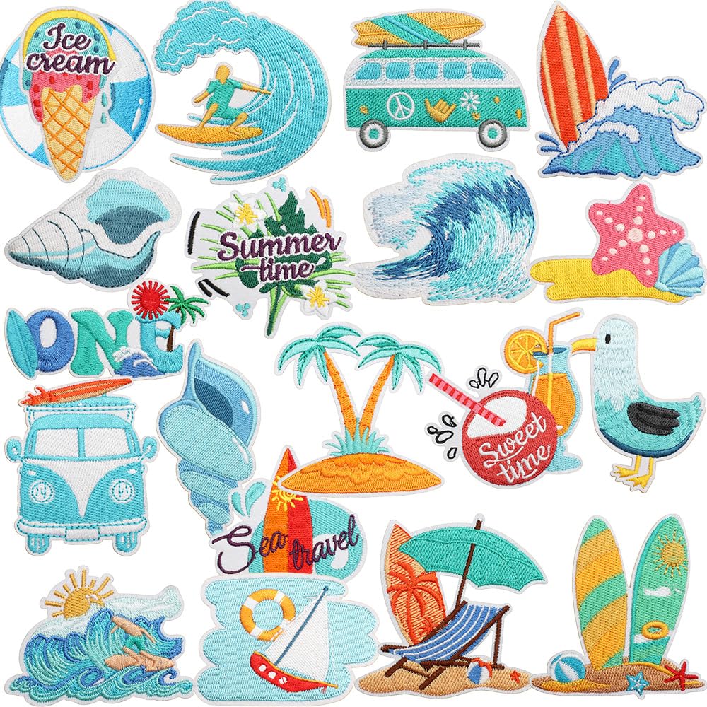 20 PCS Blue Sand Beach Iron on Patches Funny Embroidered Sew on/Iron on Patches Applique for Shirts Backpacks Pants Clothes Coat Bags DIY Decoration Jackets Vests Uniforms