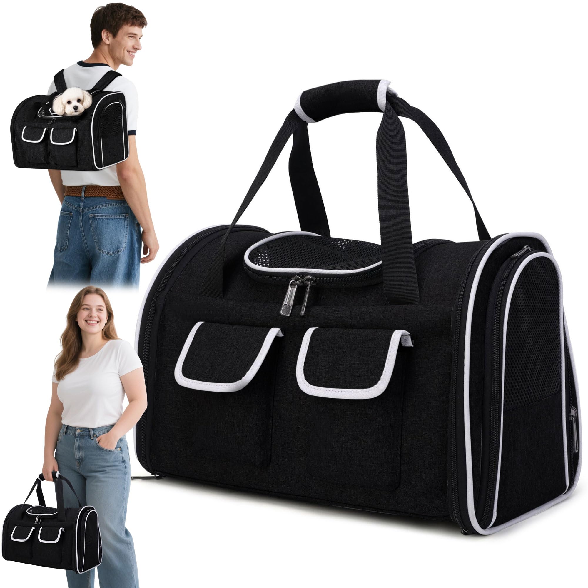 ALLSOPETS Mochila Plegable para Gatos Grandes y Perros Pequeños, Transportín Transpirable con Cojín Extraíble y Bolsillos, Mochila de Viaje para Mascotas hasta 10 kg (Negro Tinta, L)