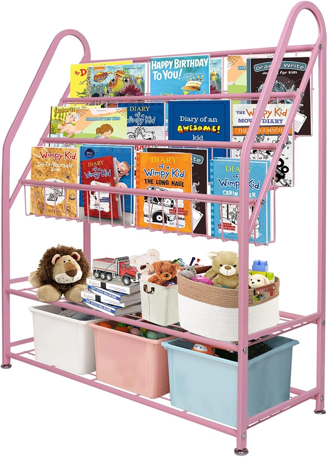 aboxoo Metal Kids Pink Bookshelf Freestanding for Children Girls Room 32 inches Large Toddler Pink Stable Bookcase Bookstore Library Book Unit Storage Pink Large