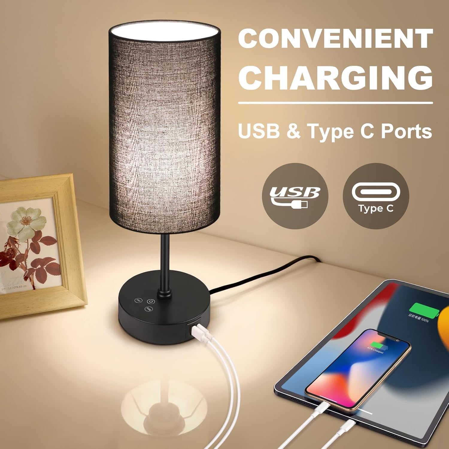 Unicozin Table Lamp for Bedroom, 3 Color Temperatures, 7 RGB Colors, Adjustable Brightness, Dual USB Charging Ports, Ambience Nightstand Light with Black Shade, Desk Lamp for Kids Reading Home Office