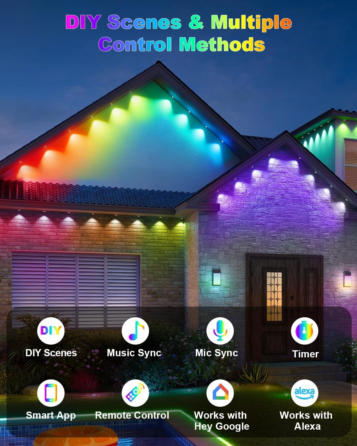 BRIMAX 50ft Permanent Outdoor Lights for House,30 Smart RGB+IC LEDs Christmas Light Outside,16 Million DIY Colors,IP65 Waterproof, Compatible with Alexa,Google Assistant,Holiday Daily Decoration