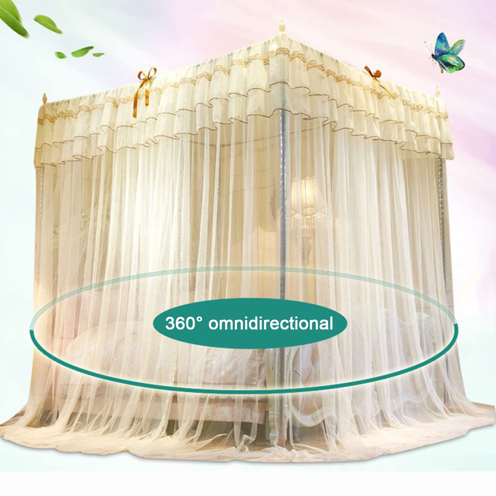Zanzariera di lusso principessa baldacchino con supporto in acciaio inox, baldacchino con 4 pali angolari, 3 ingressi laterali per ragazze e adulti