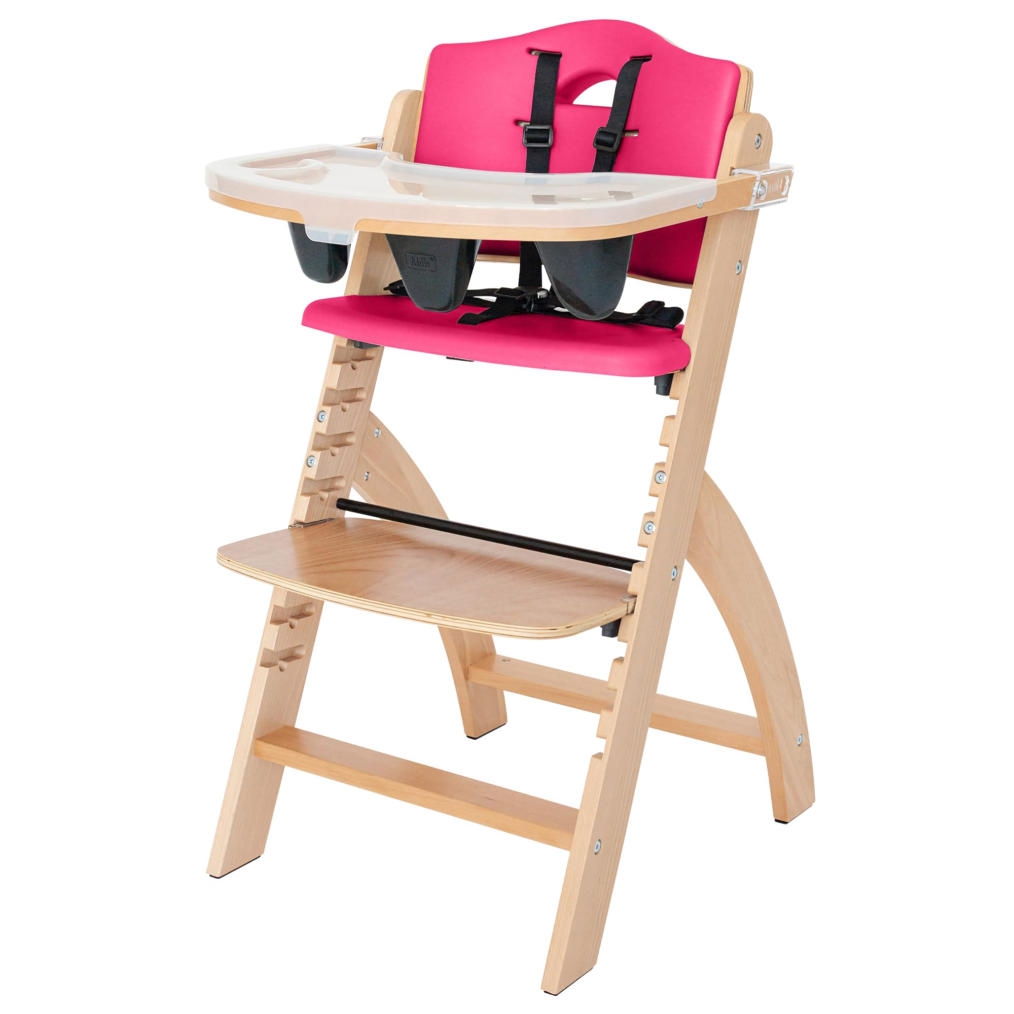 Abiie Beyond Wooden High Chair with Tray. The Perfect Adjustable Baby Highchair Solution for Your Babies and Toddlers or as a Dining Chair. (6 Months up to 250 Lb) (Natural Wood - Pink Cushion)