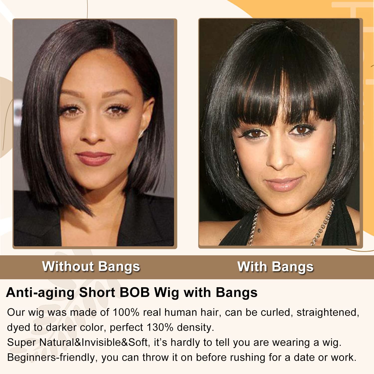 Hairro Short BOB Wig with Bangs Human Hair Wigs for Black Women 100% Real Brazilian Hair Machine Made Glueless Wigs Anti-aging Natural Black