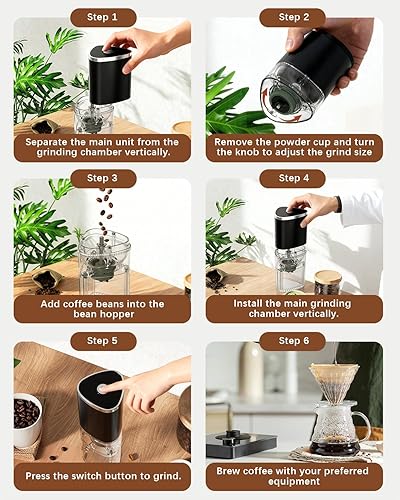 Miniatura 6 de Molinillo de café eléctrico portátil, molinillo de café automático con diseño de carga inalámbrica USB tipo C, ajustable de grueso a fino para