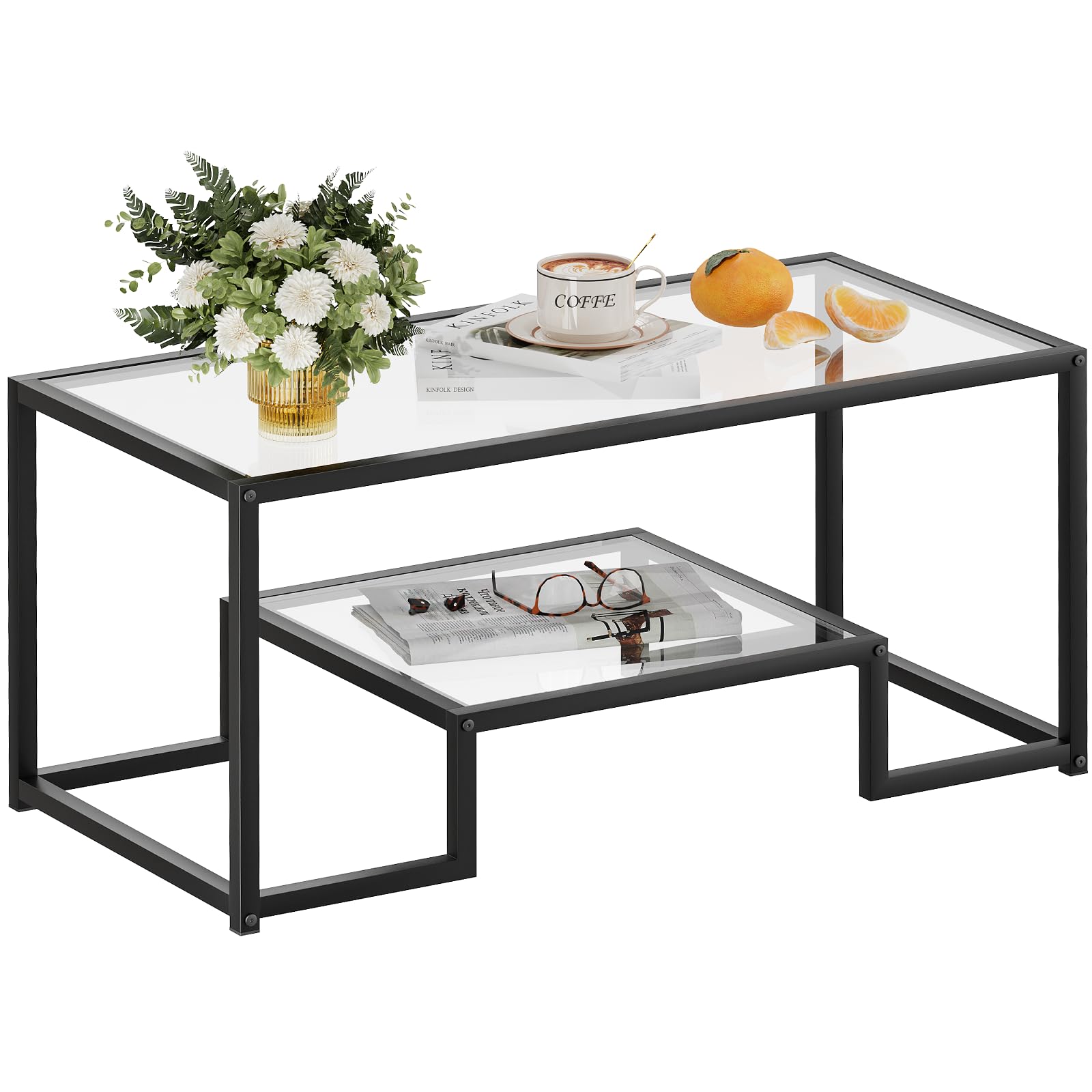 Coffee Table Black Glass Coffee Table for Living Room 2 Tiers Rectangle Center Table with Sturdy Metal Frame