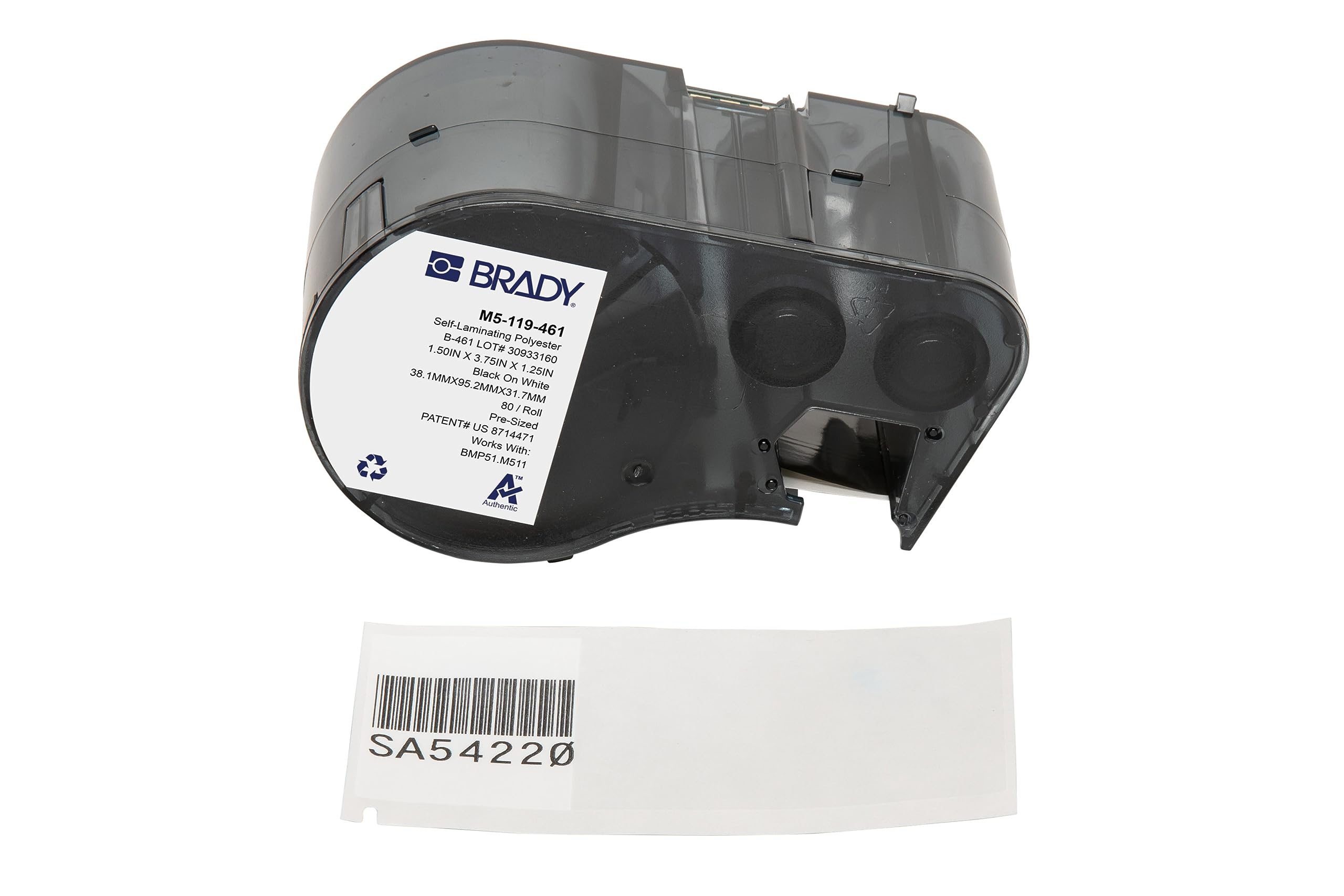 Brady Authentic (M5-119-461) Self-Laminating Cryogenic Polyester Labels 1.5" H x 3.75" W Black on White, Clear, 80 Labels. for use with The BMP51 and M511 Label Printers