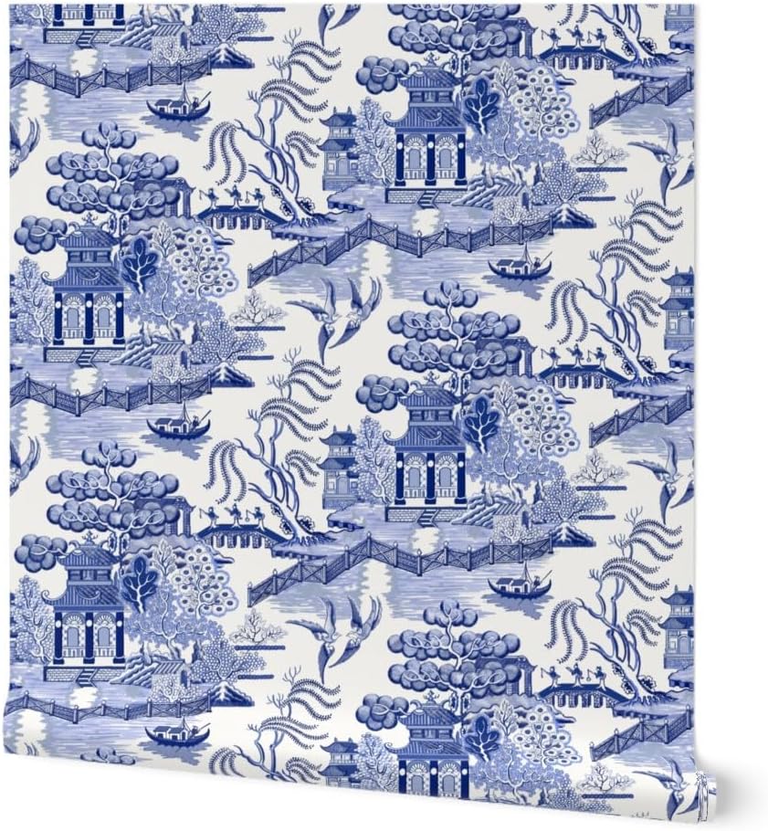 Spoonflower Peel & Stick Wallpaper Swatch - Pagoda Chinoiserie Blue Toile Chinese Botanical Garden Willow Cottagecore Grandmillennial Custom Removable Wallpaper