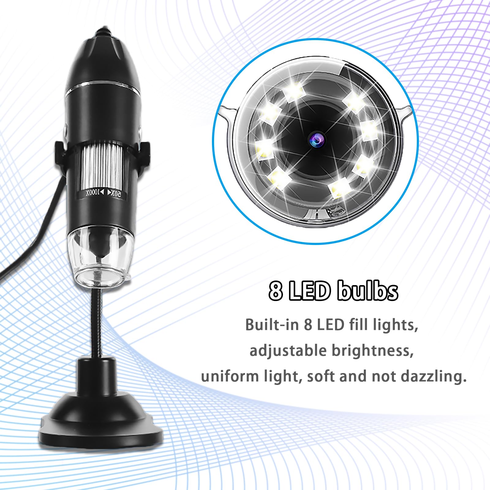 Microscopio Digital USB 1000X con LED Ajustable, Soporte Flexible y Cámara HD - Microscopio Portátil Profesional para Teléfono Móvil/PC, Niños, Industria, Laboratorio, Dermatoscopio