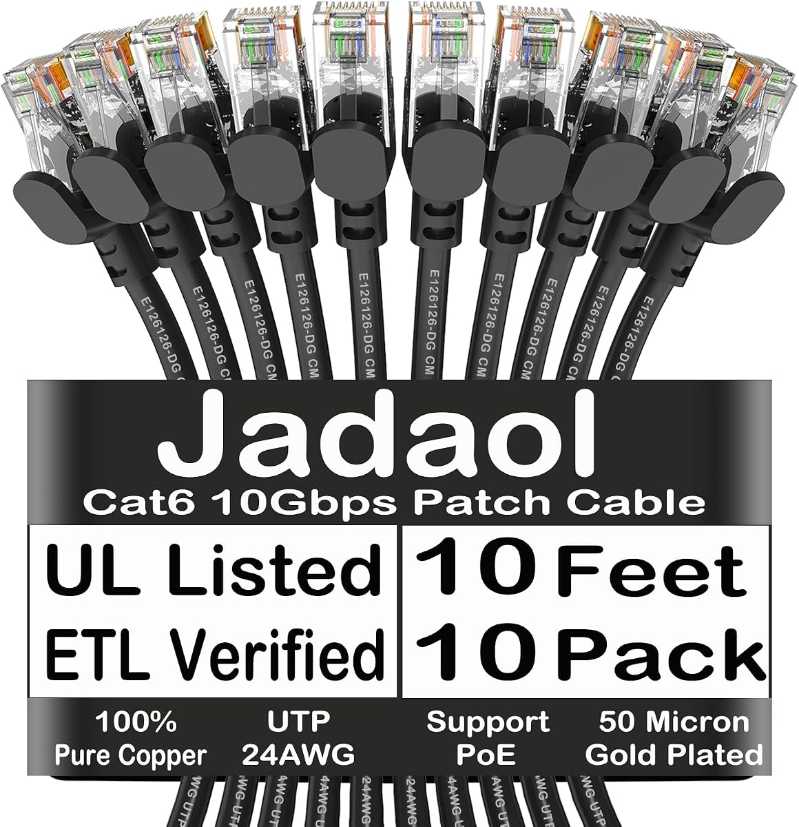 Jadaol Cat 6 Ethernet Cable 10ft 10Pack, Outdoor&Indoor, 10Gbps Support Cat8/7 Network, 24AWG Pure Copper Patch LAN Cord, Direct Burial Waterproof UV Resistant for Router, Modem, Switch, Server, Black