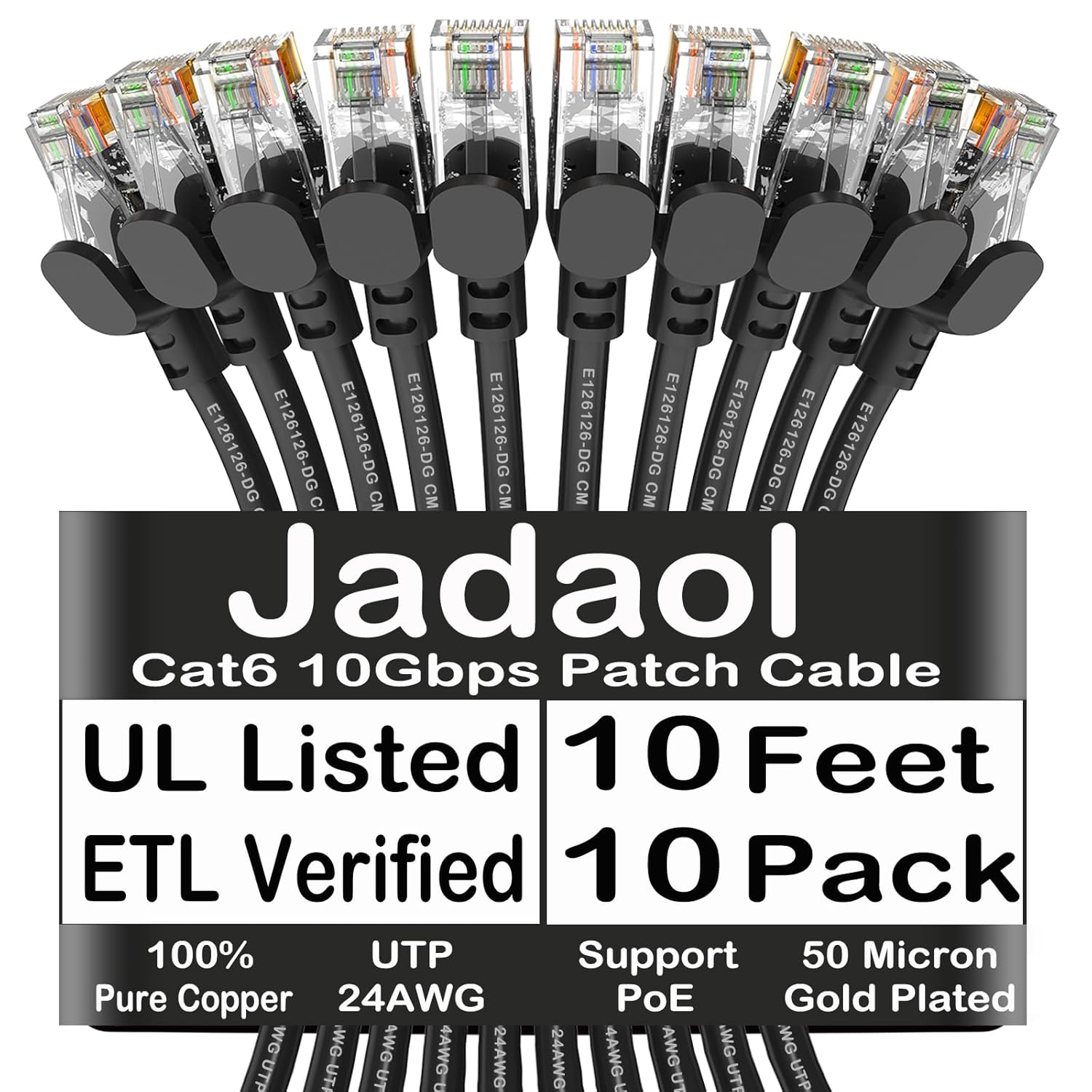 Jadaol Cat 6 Ethernet Cable 10ft 10Pack, Outdoor&Indoor, 10Gbps Support Cat8/7 Network, 24AWG Pure Copper Patch LAN Cord, Direct Burial Waterproof UV Resistant for Router, Modem, Switch, Server, Black