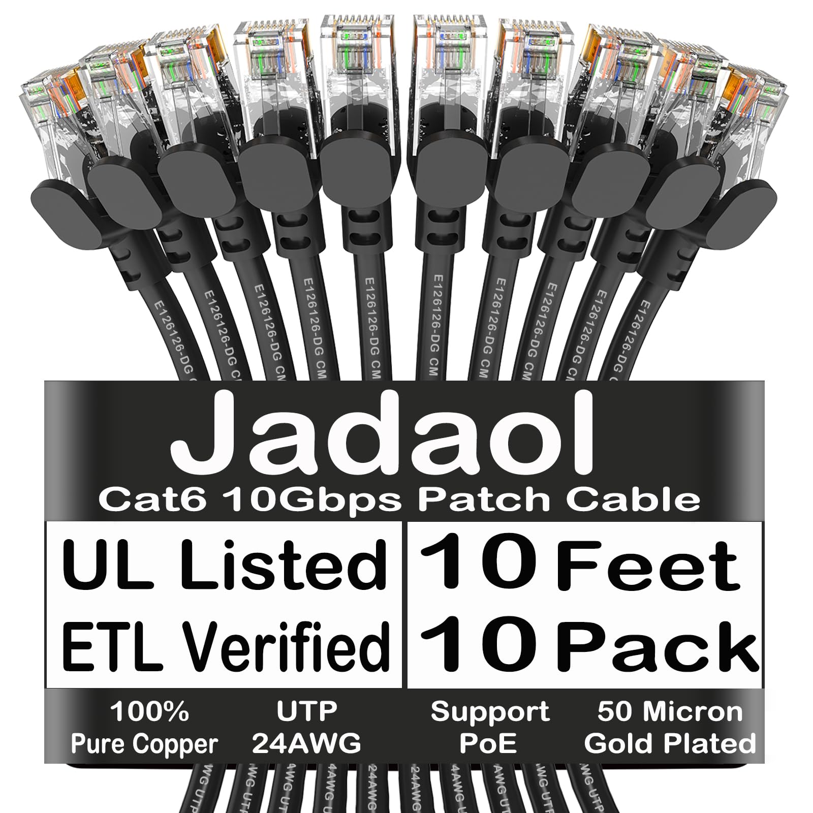 Jadaol Lot de 10 câbles Ethernet Cat6, extérieur et intérieur, 10 Gbit/s, prend en charge le réseau Cat8 Cat7, cordon de raccordement Internet LAN robuste, câble haute vitesse résistant aux