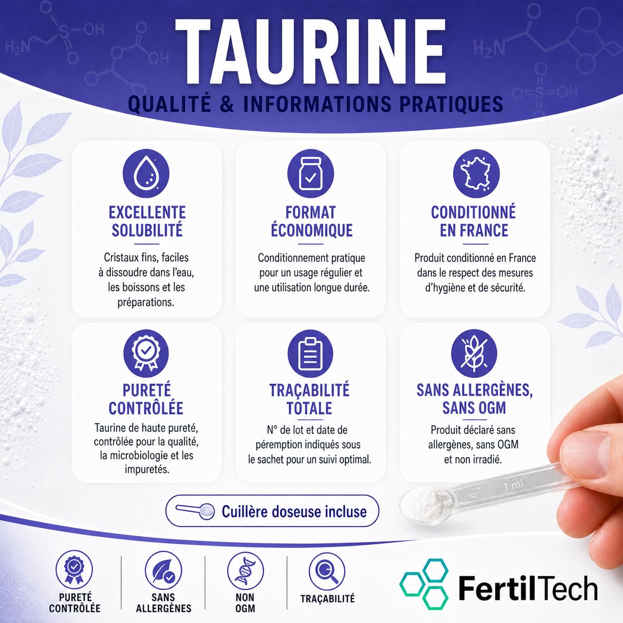Taurina in Polvere 1,2 kg - Purezza ≥ 99,8% - Integratore alimentare - Vegano - Senza Allergeni - Qualità Premium