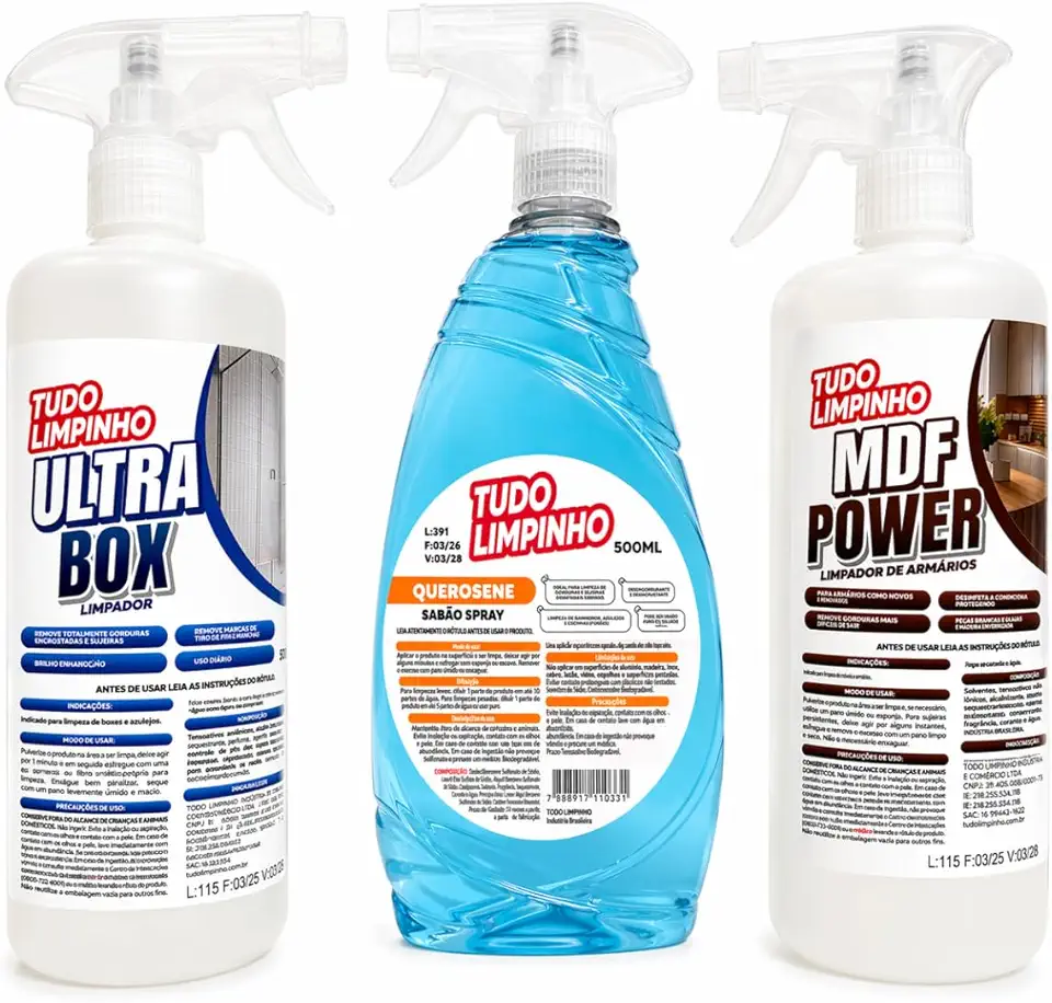 Kit de Limpeza Tudo Limpinho Limpa Box, Pisos, Porcelanato, revestimento, pia de Inox Mdf