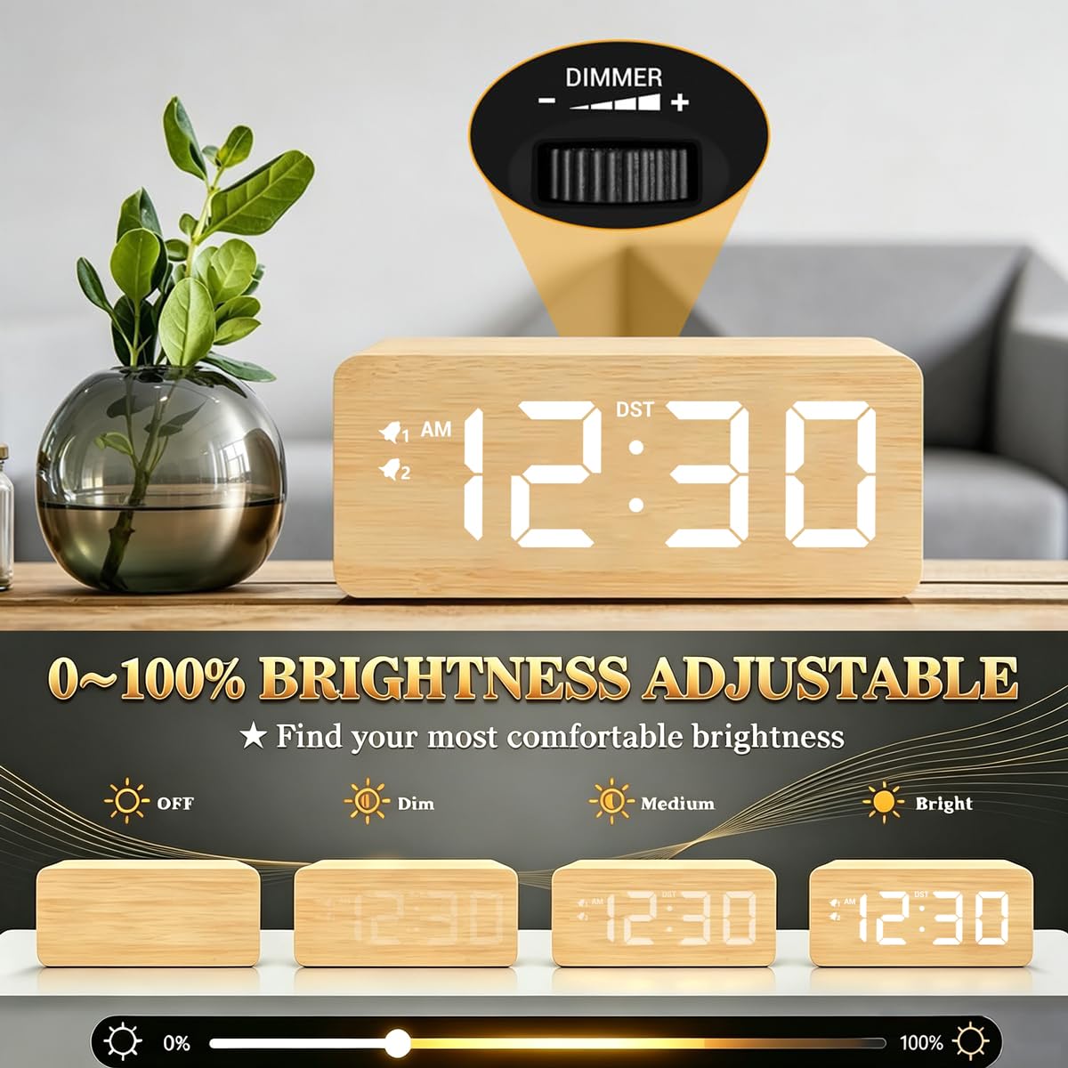URAYCO Réveil numérique en bois avec chargeur sans fil rapide 10 W, ports de charge USB, DST, intensité variable, répétition, grand affichage LED pour chambre, bureau, table de salon, table de chevet