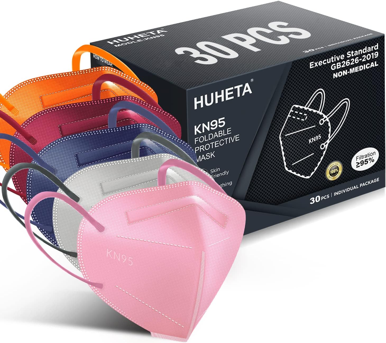 HUHETA KN95 Face Mask, 30 Pack Individually Wrapped, 5-Ply Breathable and Comfortable Safety Mask, Filter Efficiency Over 95%, Protective Cup Dust Masks Against PM2.5 (Multicolored Mask)