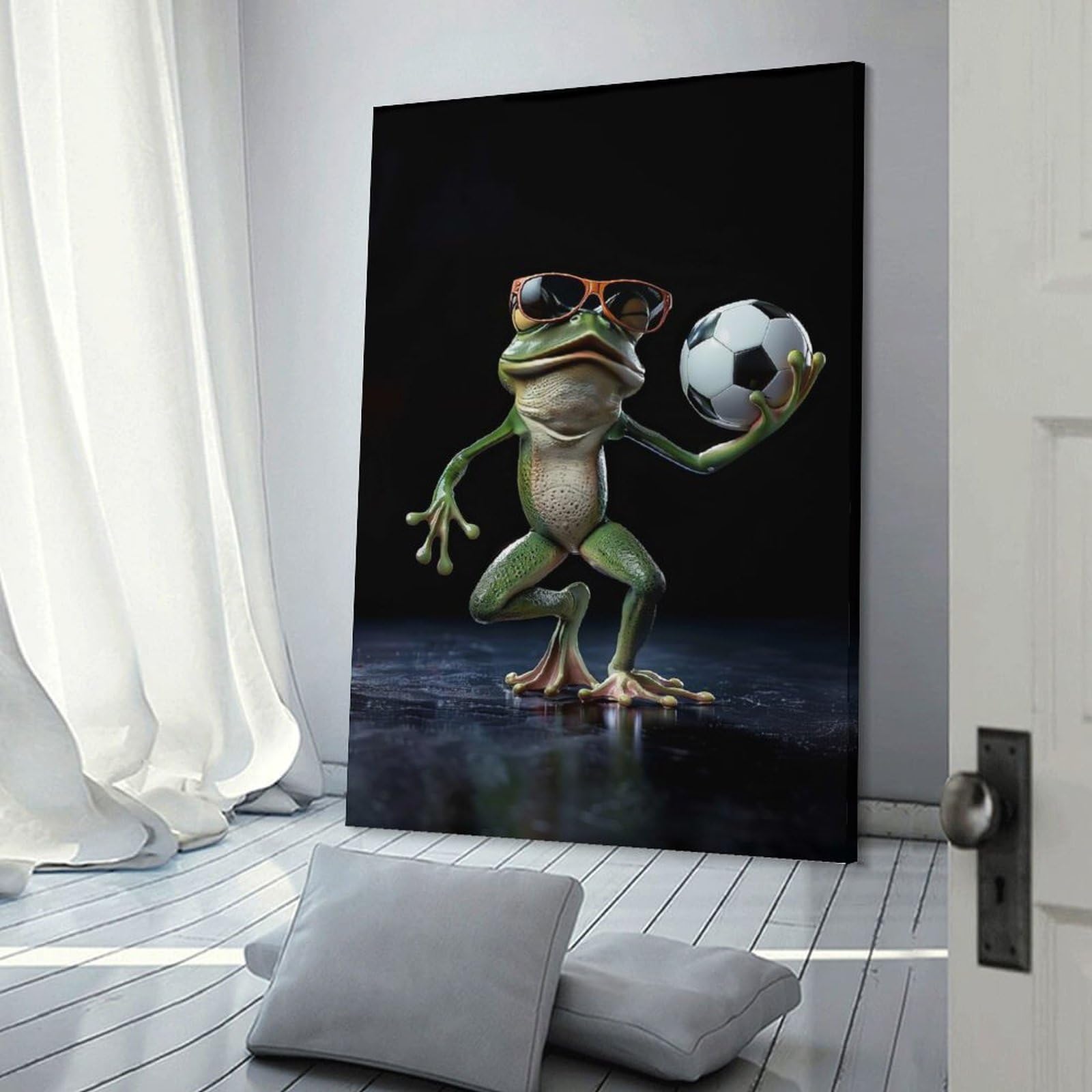Junmoney Frame-Style-13-1 Cool Frog With Soccer Ball Decorative Wall Artwork, 24X36inch(60X90cm), For Work Areas, Reading Rooms Or Studios, Wall Art That Adds Style To Work Areas