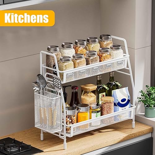 Miniatura 4 de Famhap Organizador de encimera de baño, organizador de baño con cesta lateral, organizador de encimera de cocina, organizador de estante de especias