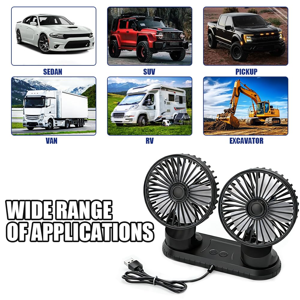 Ventilateur De Voiture 5V, Ventilateur Double Têtes USB, Ventilateurs Portables Voitures avec 3 Vitesses Et Effets Lumineux, Rotation à 360° Pour Voiture, Van, SUV, RV, Bateau
