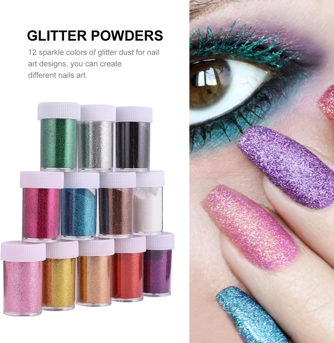 12pcs Holographic Glitter Powders and Sequins for Nail Art, Assorted Iridescent Nail Glitter Dust Set for DIY Manicure and Crafting Supplies Random Color