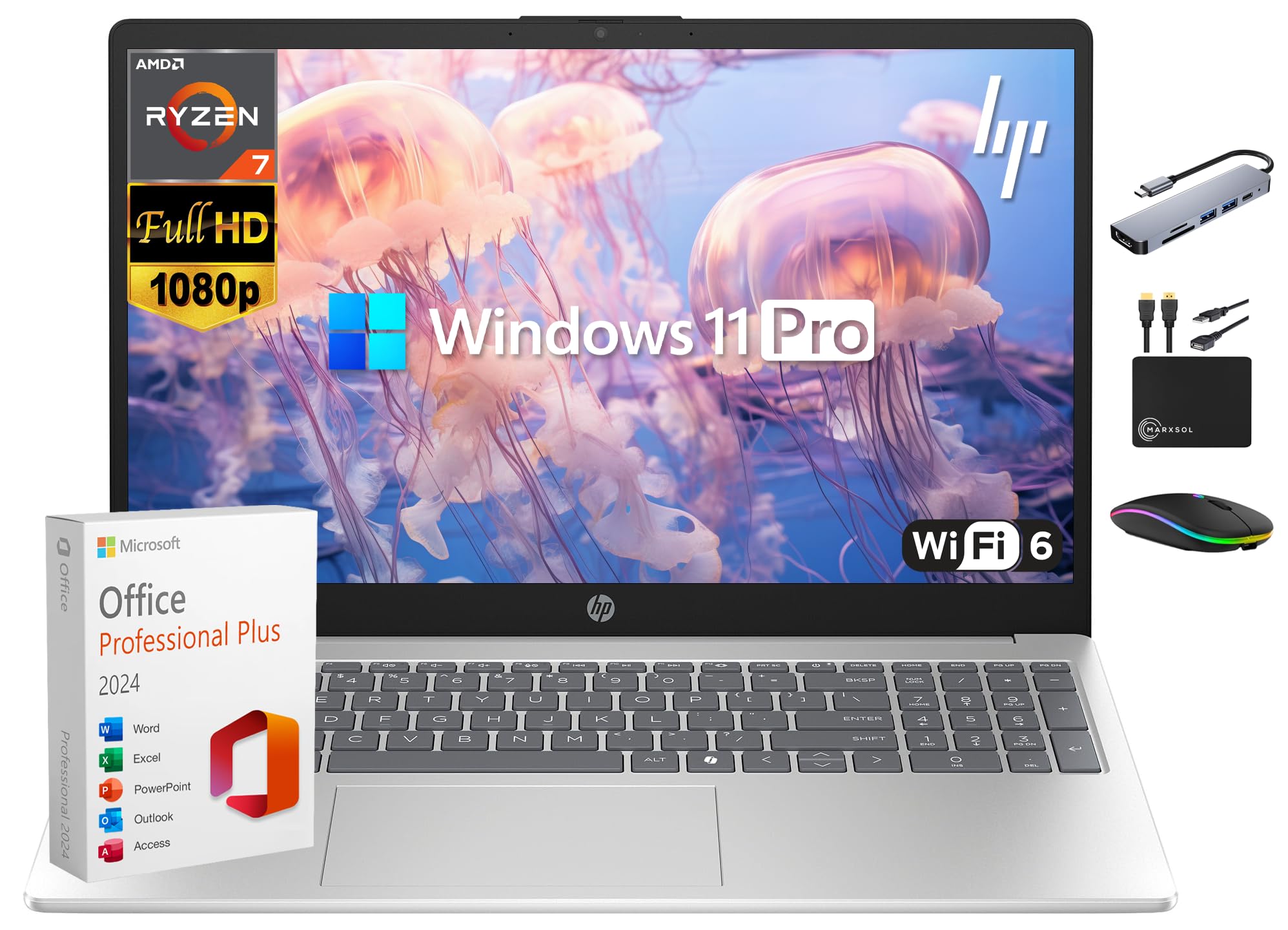 HP Laptop for 2025-2026 Home Student Business, Lifetime MS Office, AI Computer, 15.6” FHD, AMD Ryzen 7, 64GB RAM, 2.5TB Storage (2TB SSD+ 500GB Ext),