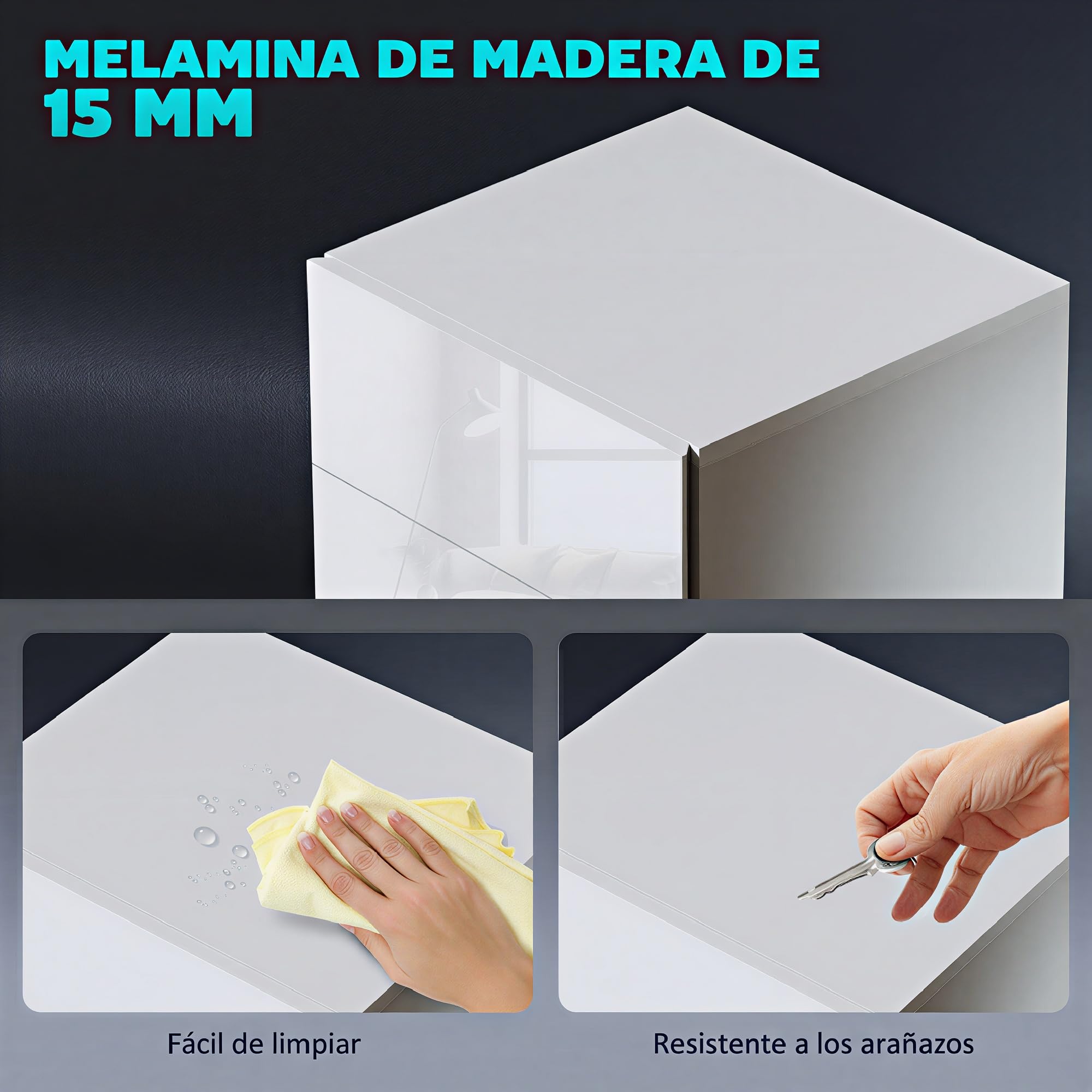 HOMCOM Mesita de Noche con Tira LED 3 Cajones 40x35x60 cm Blanco Brillo