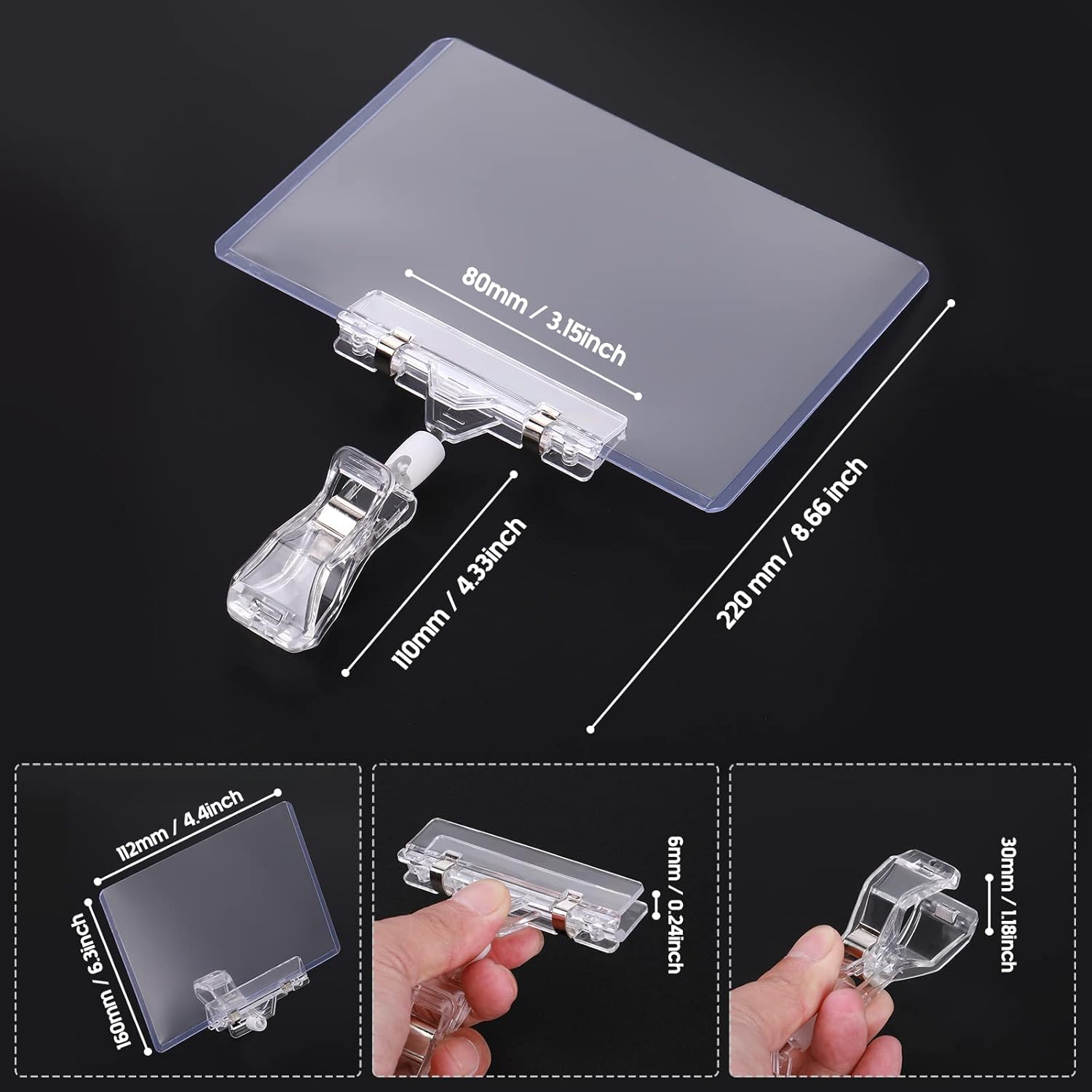 Epakh 40 Pieces Rotating Clip Pop for Retail Display, Swivel Sign Rotatable Merchandise Holding Clamp Holder for Hanger Rails or Tubes with 40 Pieces Hard Card Sleeves PVC Protector - Image 2