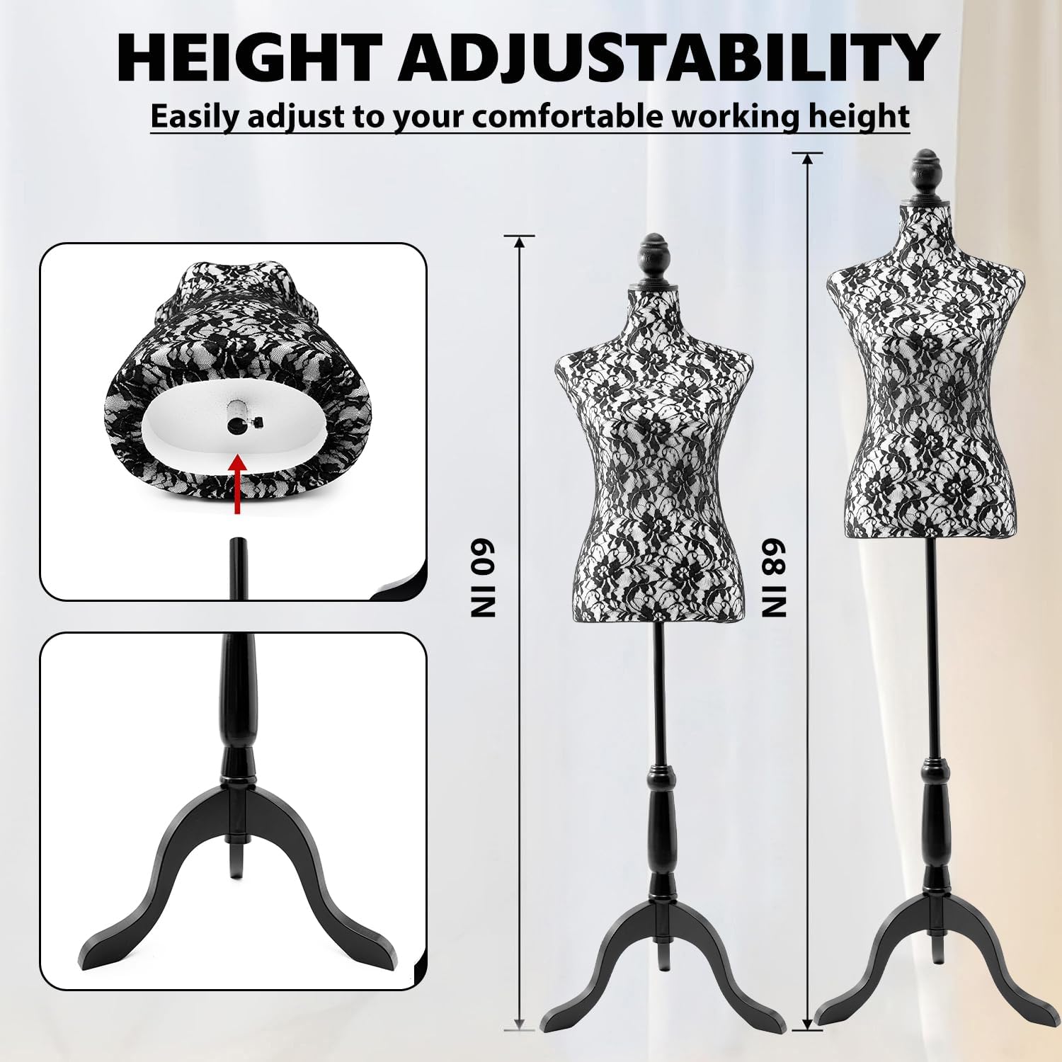 Adjustable Female Pinnable Mannequin Torso with Tripod Base for Display (Black)