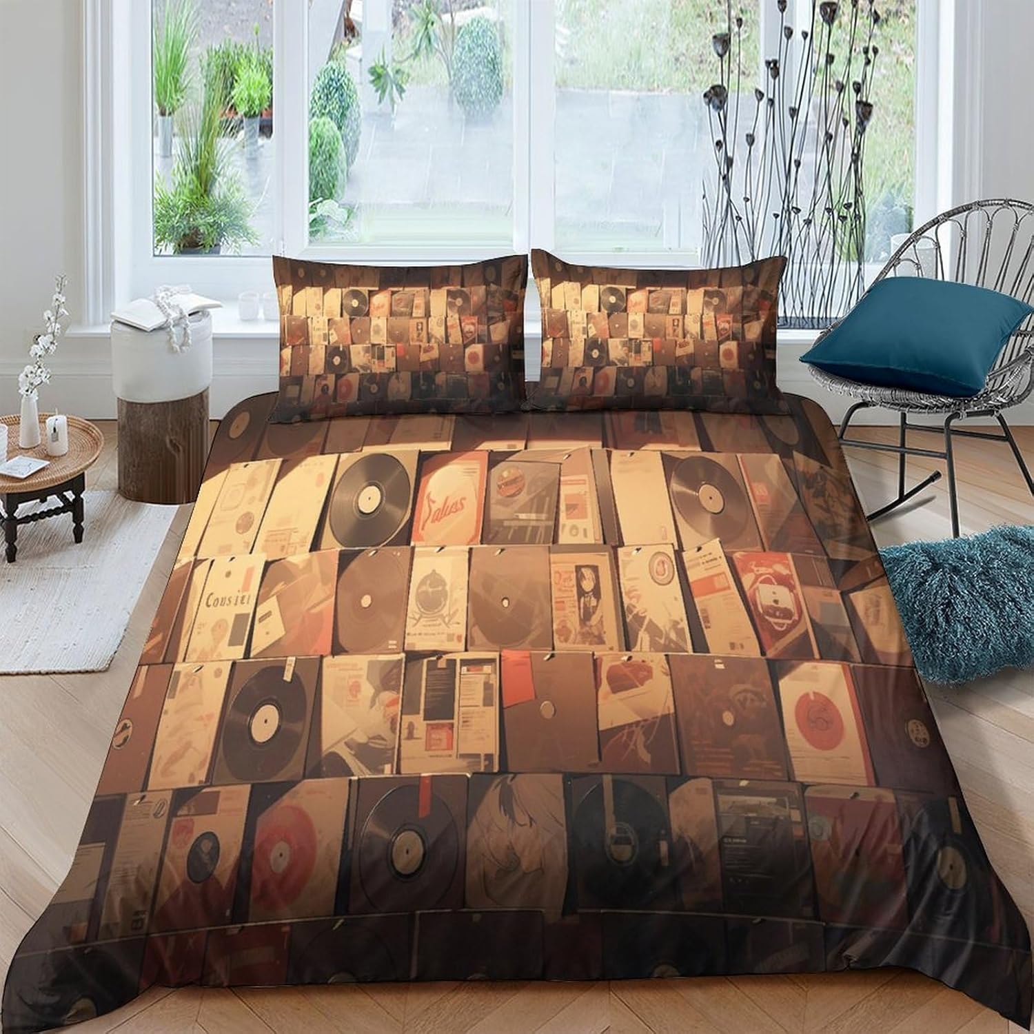 Parure de lit disques de musique rétro 220x240 cm avec 2 taies d'oreiller pour ado
