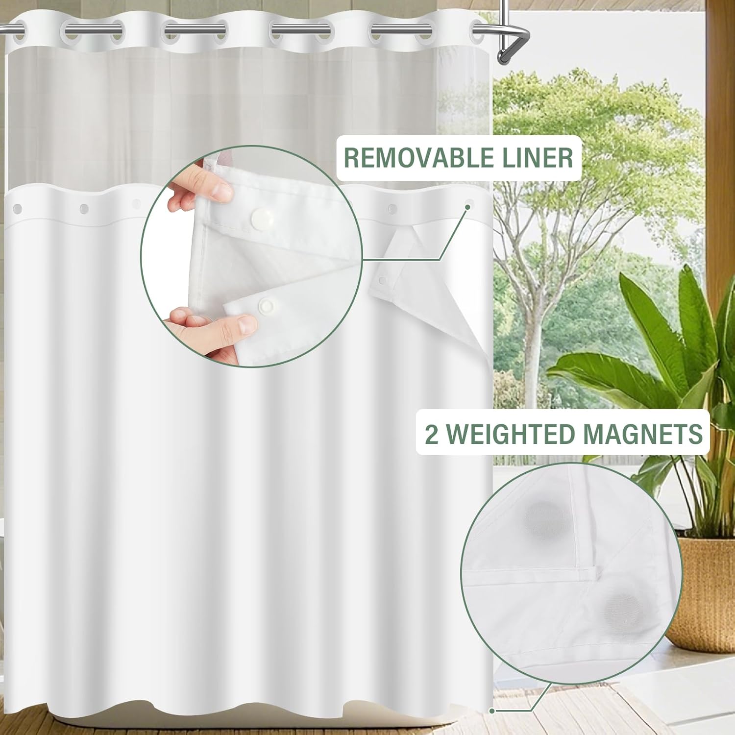 No Hook Shower Curtain with Snap in Liner and Sheer Window, Green Modern Geometric Fabric Shower Curtain Set for Bathroom Decor, 15-Second Quick Install, Abstract Irregular Ombre, 71"X74"