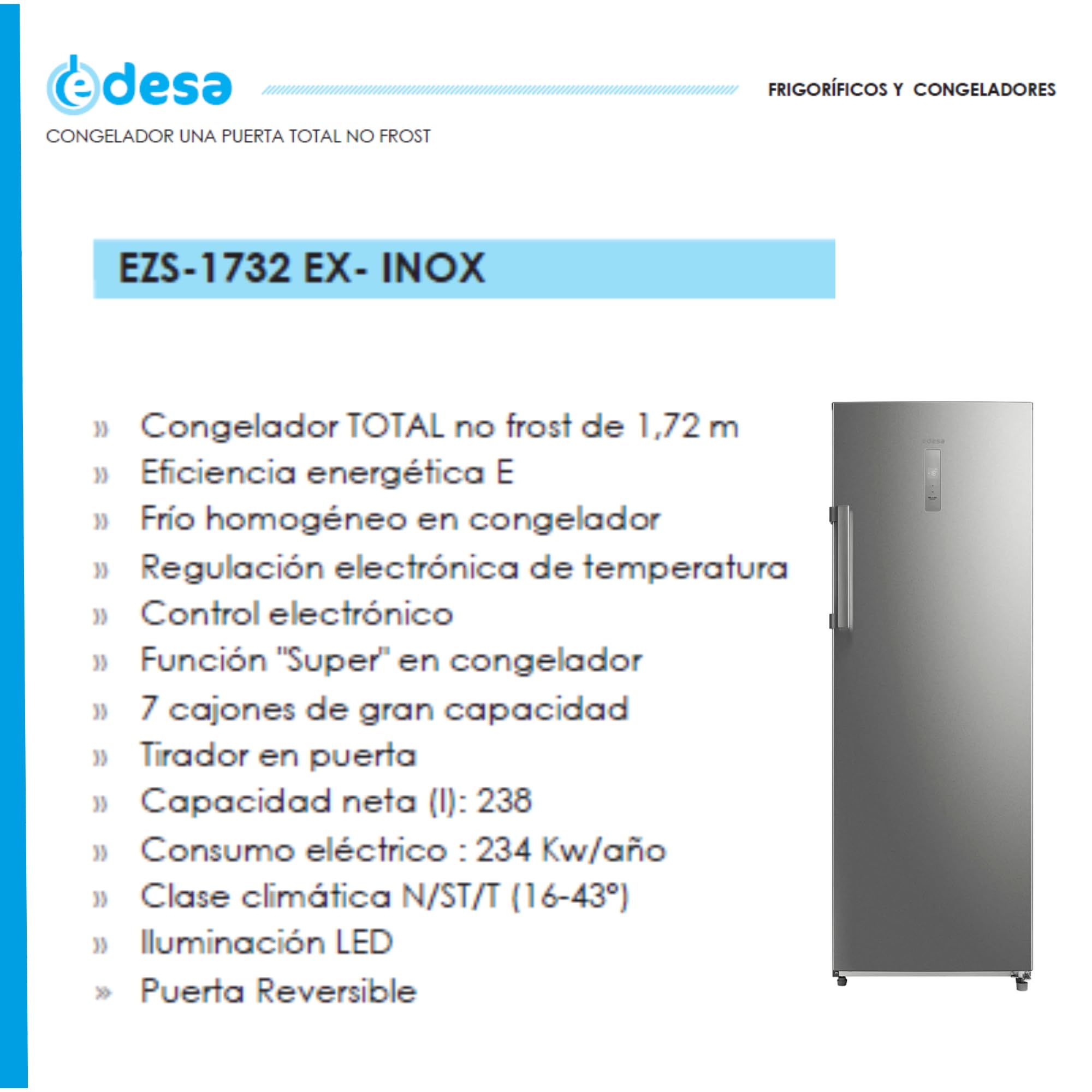 Edesa Congelador EZS-1732 EX/A Total No Frost, Regulación Electrónica de Temperatura, 7 Cajones de Gran Capacidad, Iluminación LED, Control Electrónico, Ancho 63,5 cm, Color Blanco