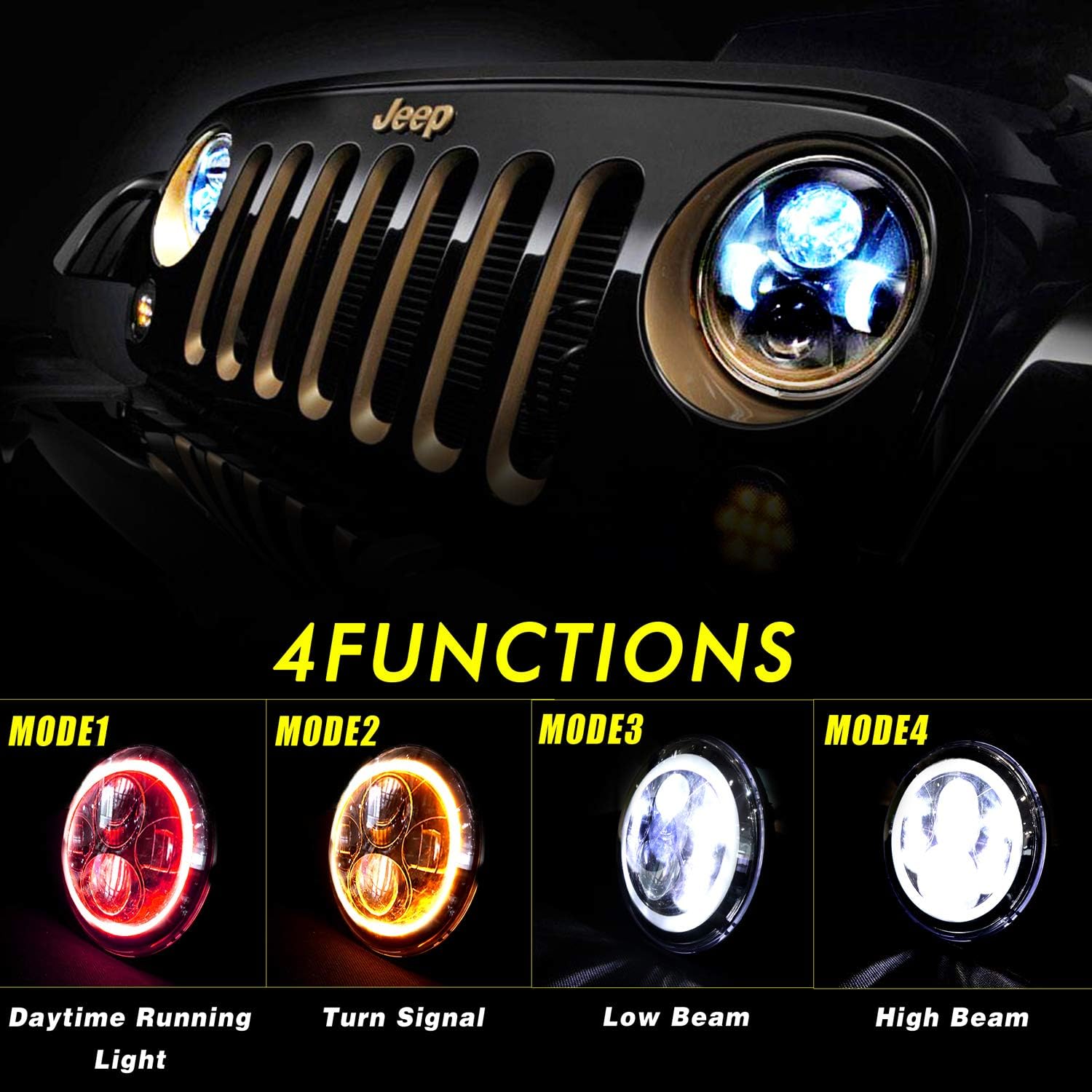 YEEGO DIRECT 7 Inch LED Headlights Red Halo Ring Angel Eyes Daytime Running Light DRL Turn Signal High/Low Beam for Wrangler 1997-2017 JK TJ LJ JW Headlight (2 Pcs)