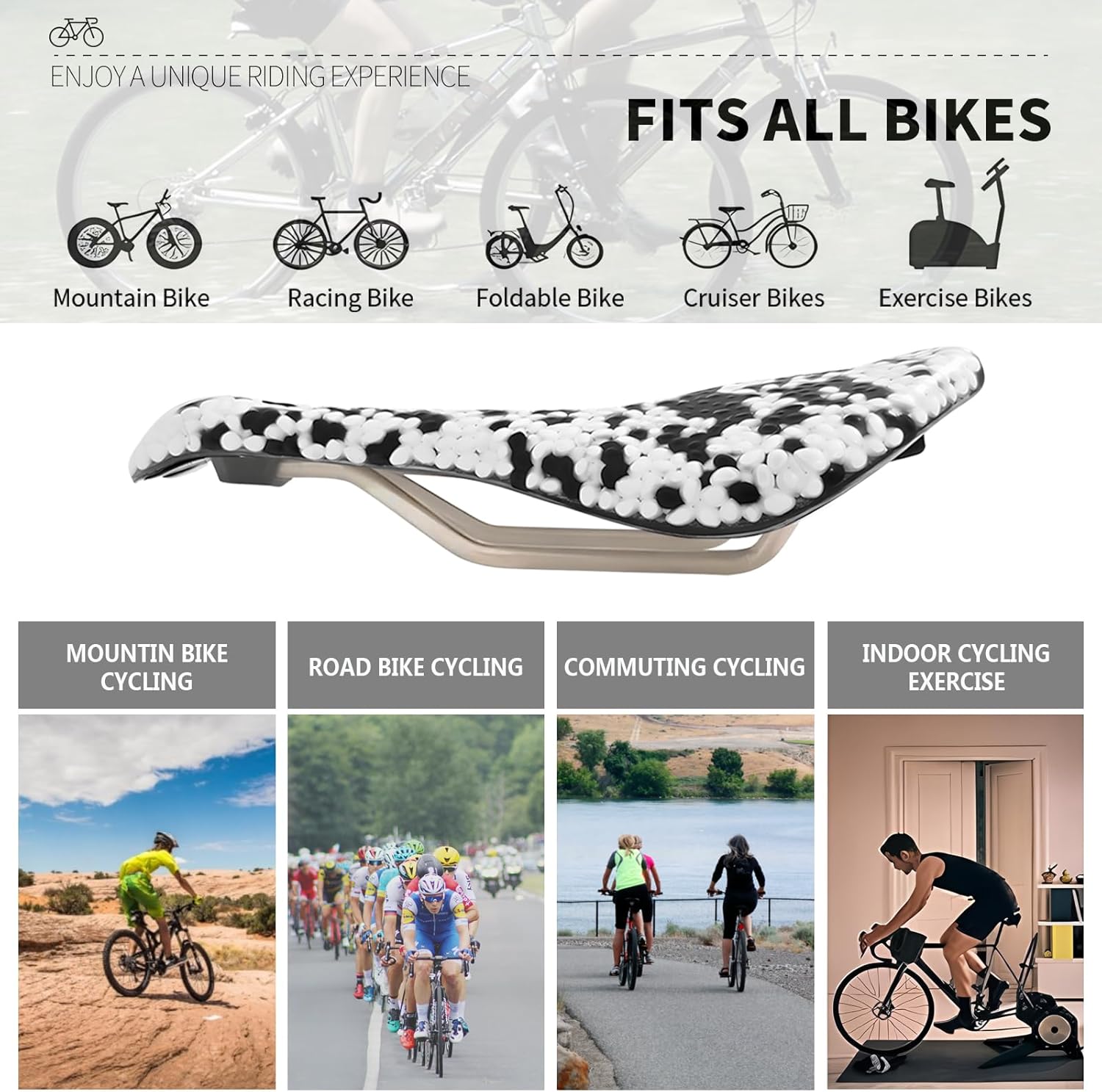 Bike Seat with E-TPU Shock Absorption & Dual Suspension,Comfortable Bicycle Saddle for Road & Mountain Bikes, Ergonomic Bicycle Seat (White and Black)