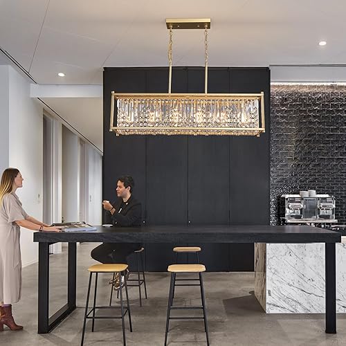 Miniatura 5 de Q&S Moderno candelabro rectangular de cristal, candelabros rectangulares dorados para comedor, 6 luces de lujo para cocina, isla, bar, sala de