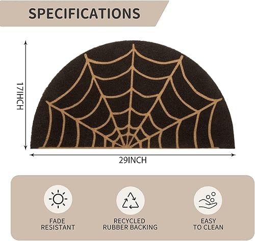 Miniatura 3 de Tapete de fibra de coco oscuro con telaraña, medio círculo, antideslizante, de bienvenida, decoración de Halloween, 17 x 29 pulgadas