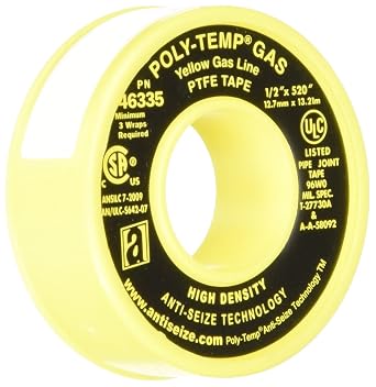 ANTI-SEIZE TECHNOLOGY 46335 Yellow PTFE Poly-Temp Extra Heavy Duty Gas Line Tape, 520" Length, 0.5" Width Pack of 5