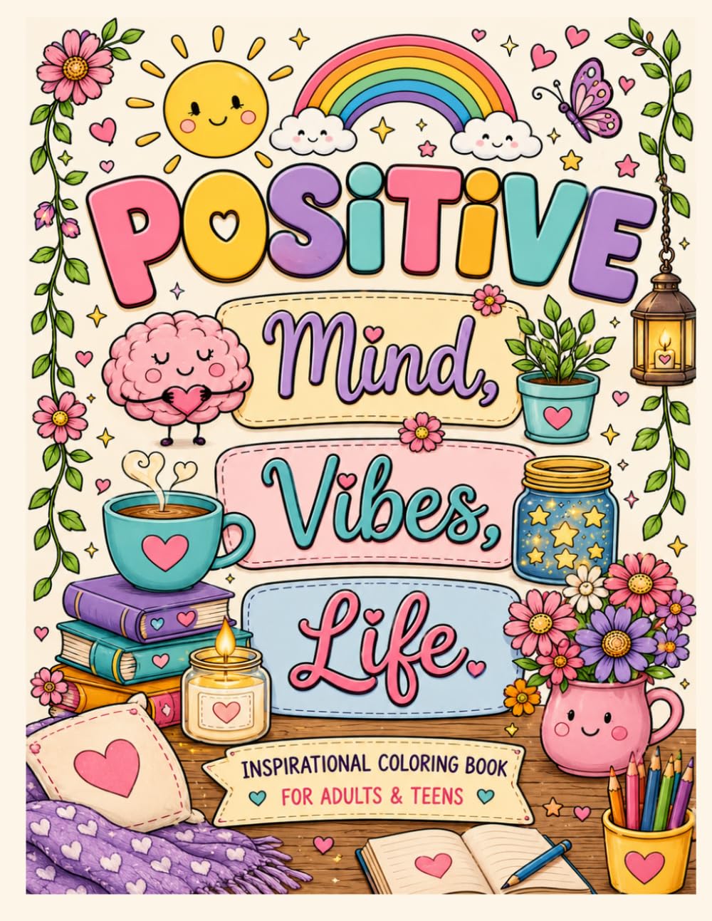 Positive Mind, Positive Vibes, Positive Life: Inspirational Coloring Book for Adults & Teens with Positive Quotes, Cozy Illustrations and Stress Relief Designs
