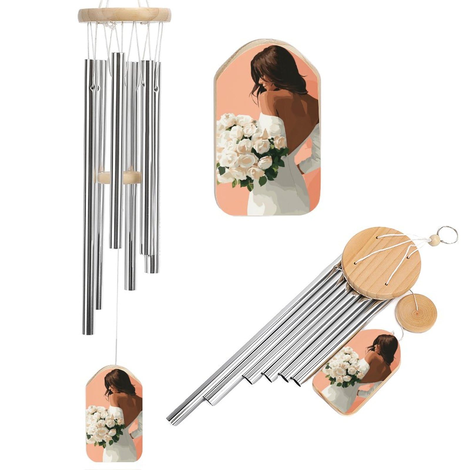 Back-view Woman Holding Bouquet of White Roses Wind Chimes Memorial Deep Tone Windchime with 6 Aluminum Tubes Outdoor Backyard Garden Decoration
