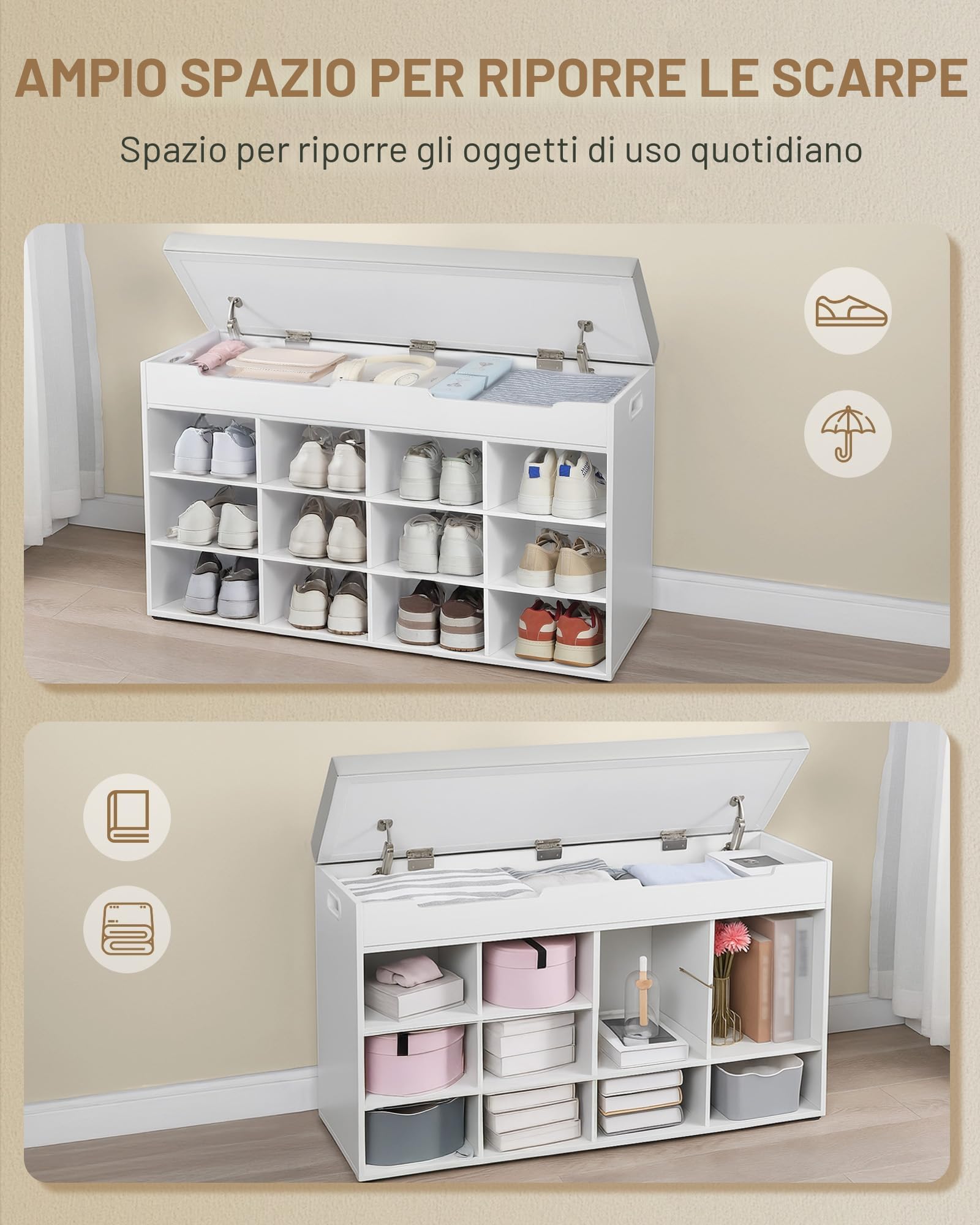 Hzuaneri Panca Scarpiera, Scarpiera con Seduta, Panca con Spazio di Archiviazione, 12 Scomparti, Ripiani Estraibili, Adatta per Soggiorno, Ingresso, Salvaspazio, 30 x 100 x 55,4 cm, Bianco SB53503GY