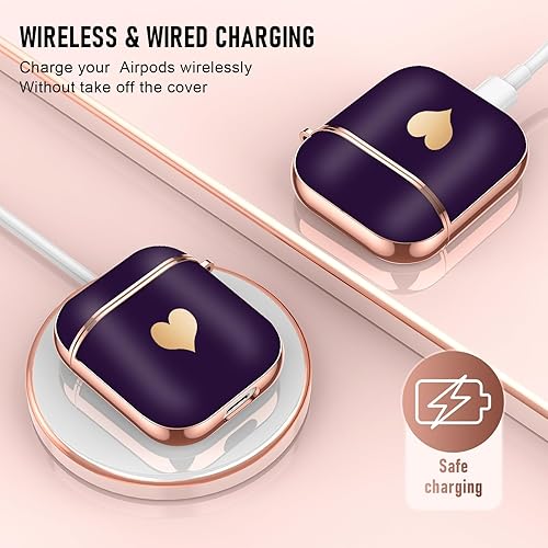 Miniatura 2 de Maxjoy Funda compatible con Airpods, para Airpods de 2 generación, bonita galvanoplastia con patrón de corazón dorado con cordón, funda a prueba de