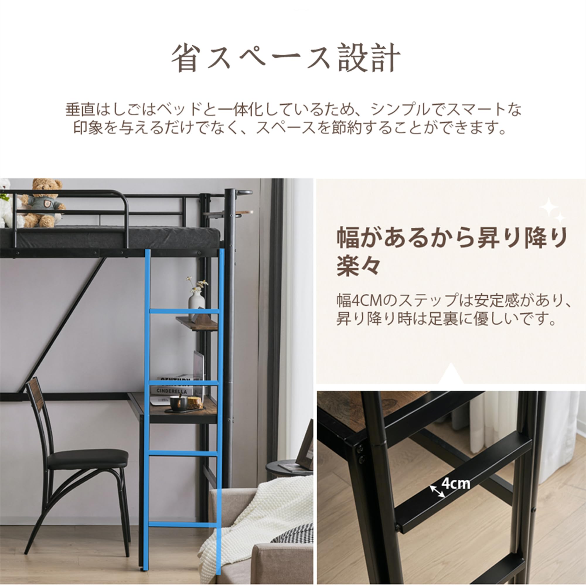 Amazon｜ロフトベッド パイプベッド シングル ロフトベッド机付き 