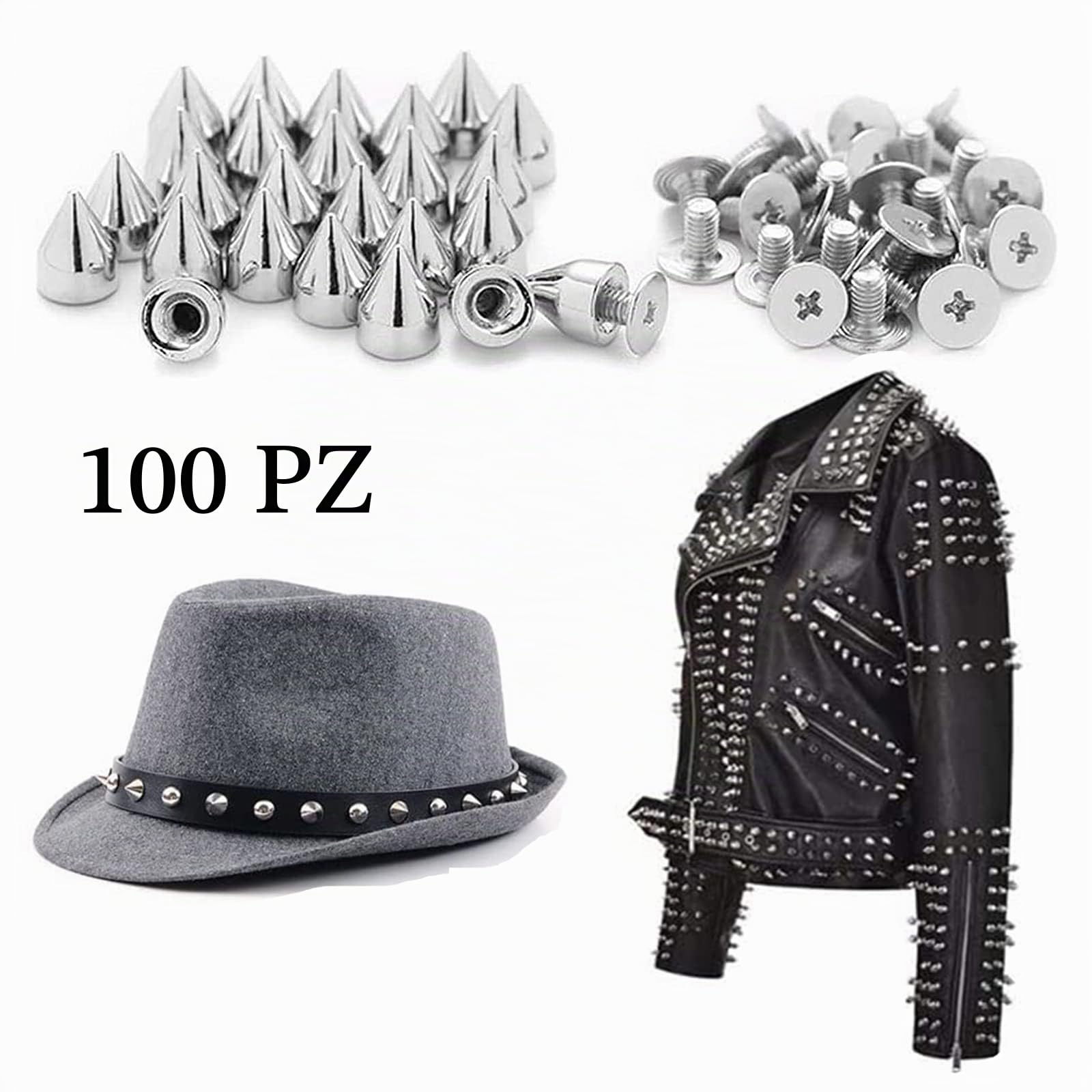 150 Pezzi (100 pcs7*10mm,50 pcs7*20mm) Borchie a Cono, Borchie Decorative, Borchie a Cono Argento, per Borse, Cinture, Vestiti, Scarpe, Braccialetti, Cappelli, Cappotti, Pantaloni, Collane