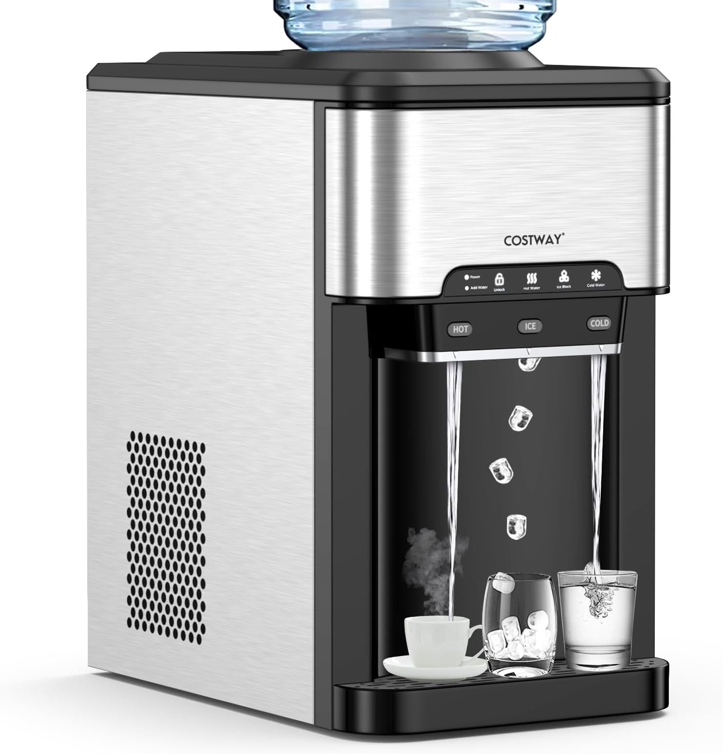COSTWAY Countertop Water Dispenser with Ice Maker, 3-in-1 Portable Hot Cold Dispenser with 48LBS/24H Ice Machine, Child Safety Lock for 3-5 Gallon Bottle