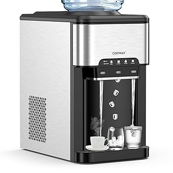 COSTWAY Countertop Water Dispenser with Ice Maker, 3-in-1 Portable Hot Cold Dispenser with 48LBS/24H Ice Machine, Child Safety Lock for 3-5 Gallon Bottle