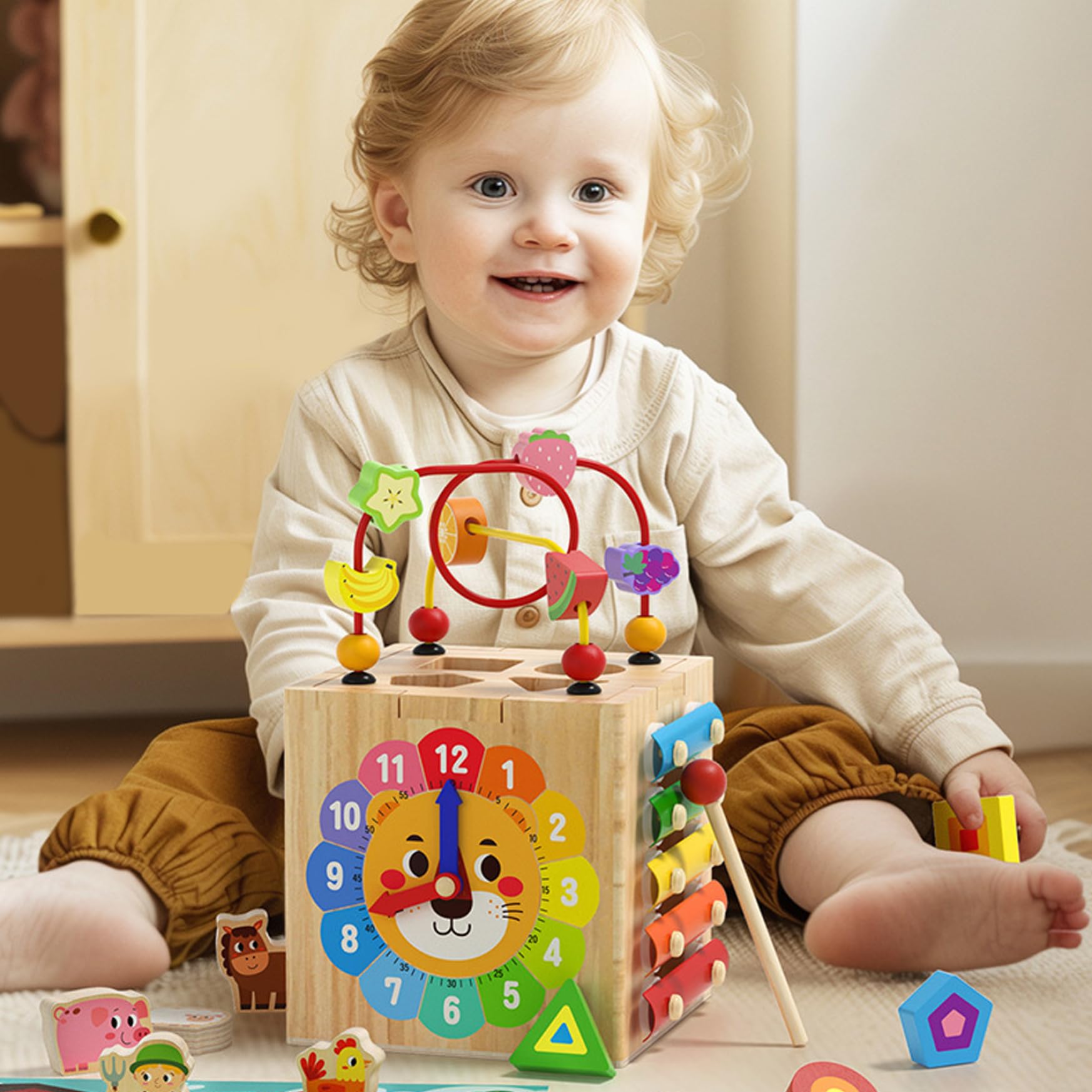 Cubo di attività in Legno Giocattoli 1 Set 6 in 1 Cubo di attività Multifunzionale per Bambini Giocattoli educativi e sensoriali per Bambini per Le Vacanze di Compleanno